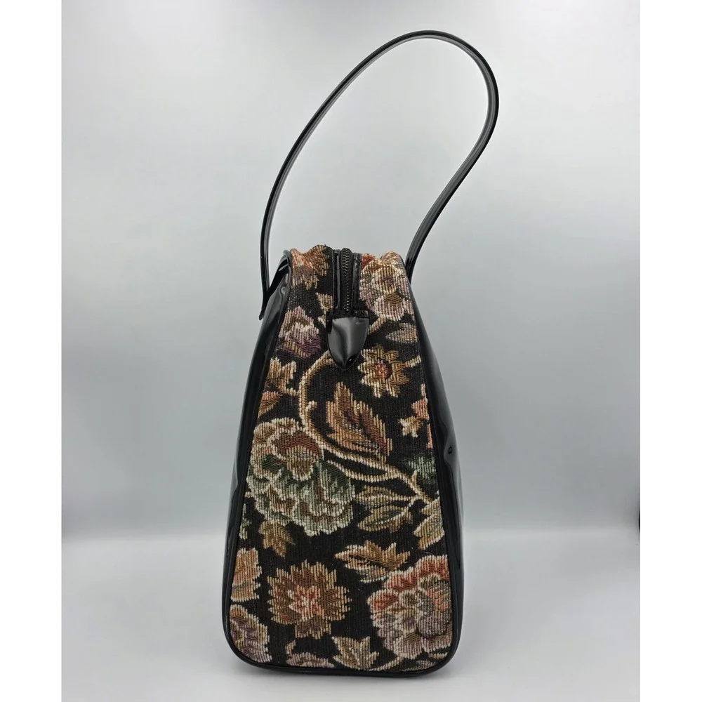 Women's Vtg‎ Black Vinyl & Floral Multicolor Tapestry HandBag Purse Tophandle